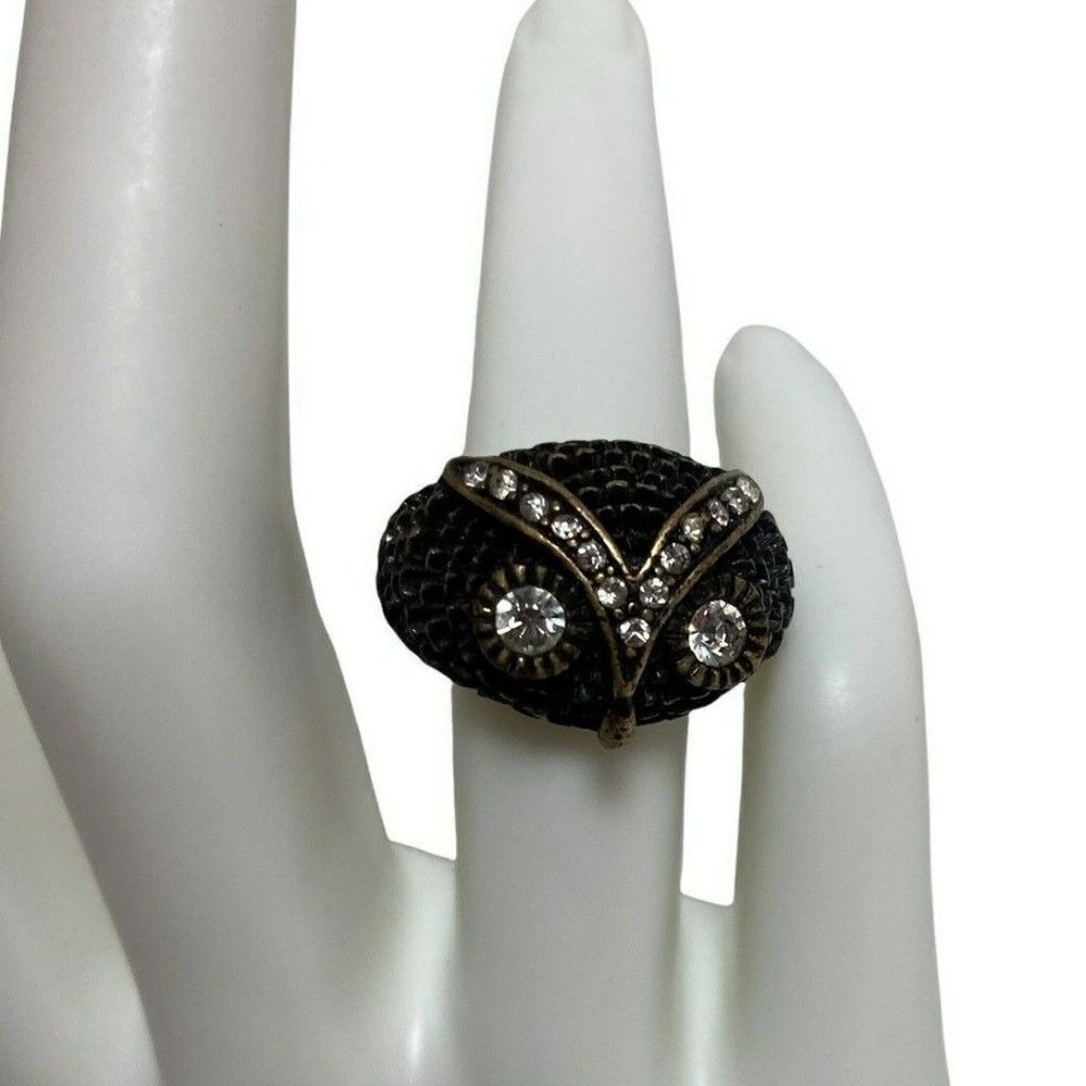 Lucky You Owl Ring Size 7 Brass Tone Rhinestones Sparkly Wise